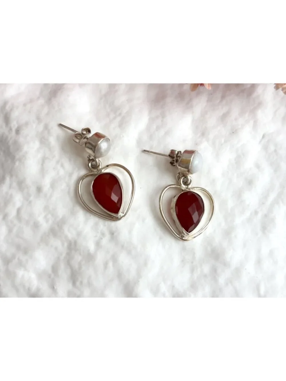 Ruby Corondum & Cultured Pearl Heart Shaped Vintage Sterling Silver 925 Earrings